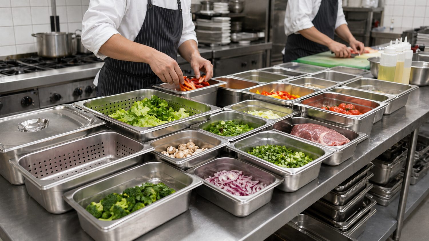 Stainless steel GN pans used for commercial kitchen preparation
