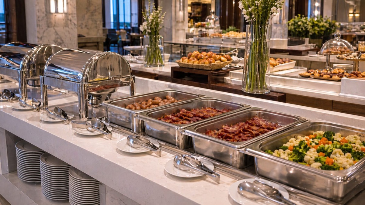 GN pans and buffet equipment used in hotel breakfast service